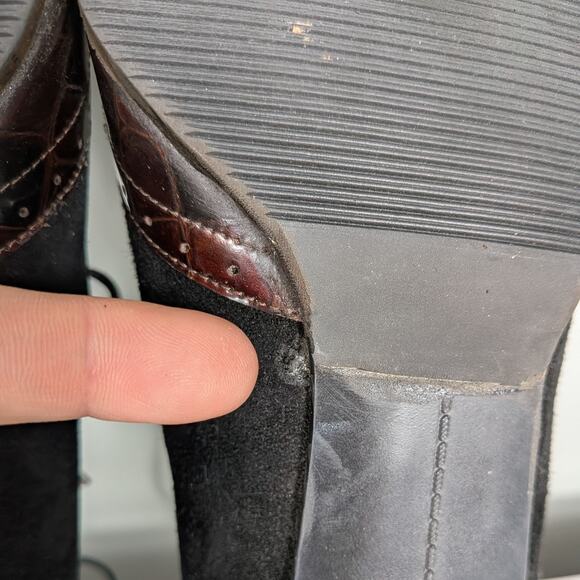 Y2K Leather Heels Lace Up Loafers 9.5 Black Brown Wingtip Suede Square Academia - Picture 10 of 11